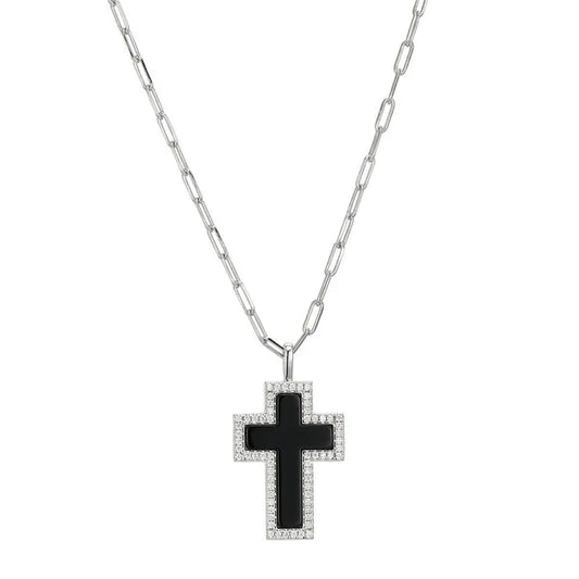 Collar de Plata con Dije de Cruz, Ónix Negro y Circonias